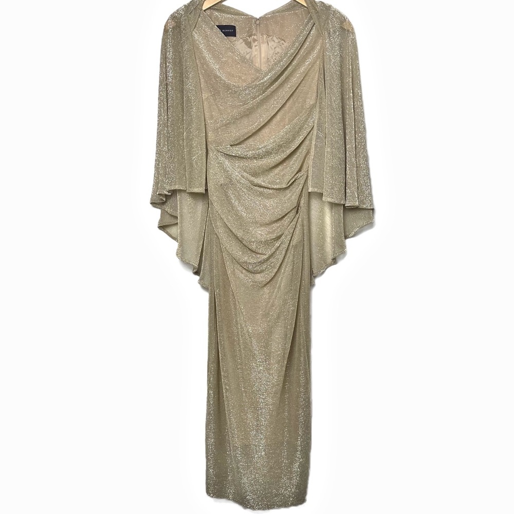 Talbot Runhof Doris Draped cape metallic sheer gold gown size 2 - Picture 2 of 11